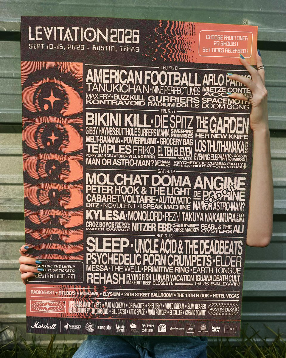 LEVITATION's tweet photo. LEVITATION set times &amp; schedule are released - along with the list of video and visual artists bringing their magic to stages, trees and beyond in 2026. 

Some of these shows are movin' FAST - don't miss out. Grab your tickets and scope the schedule here:
https://t.co/mtf2vDcxsQ https://t.co/OHMfhT32SE