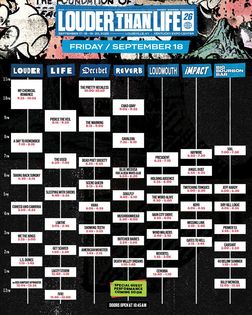 LTLFest's tweet photo. SET TIMES HAVE LANDED, LOUDMOUTHS. 🔊
Four days, seven stages...and a whole lot of ground to cover.

A few lineup updates to clock: Surfaced has been added, Bodybox is out. Soil is now playing Friday, while Powerman 5000 and As You Were have jumped to Saturday.

📲 Start favoriting your must-see sets + build your weekend in the official Louder Than Life app.