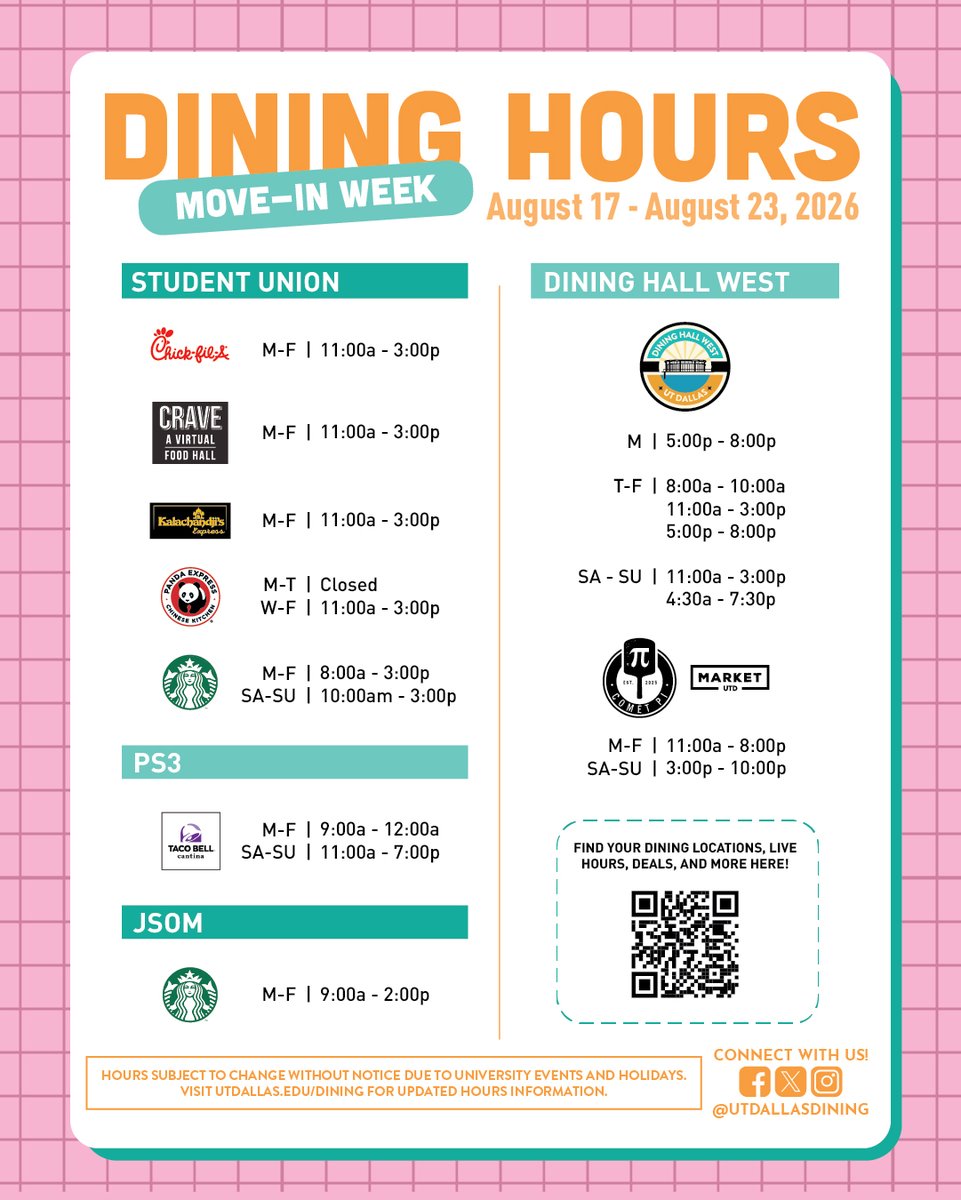 UTDallasDining's tweet photo. Here are the dining hours for next week, August 17-23. 📦

Notice anything new on here 👀☕ https://t.co/HqYzpj92hk
