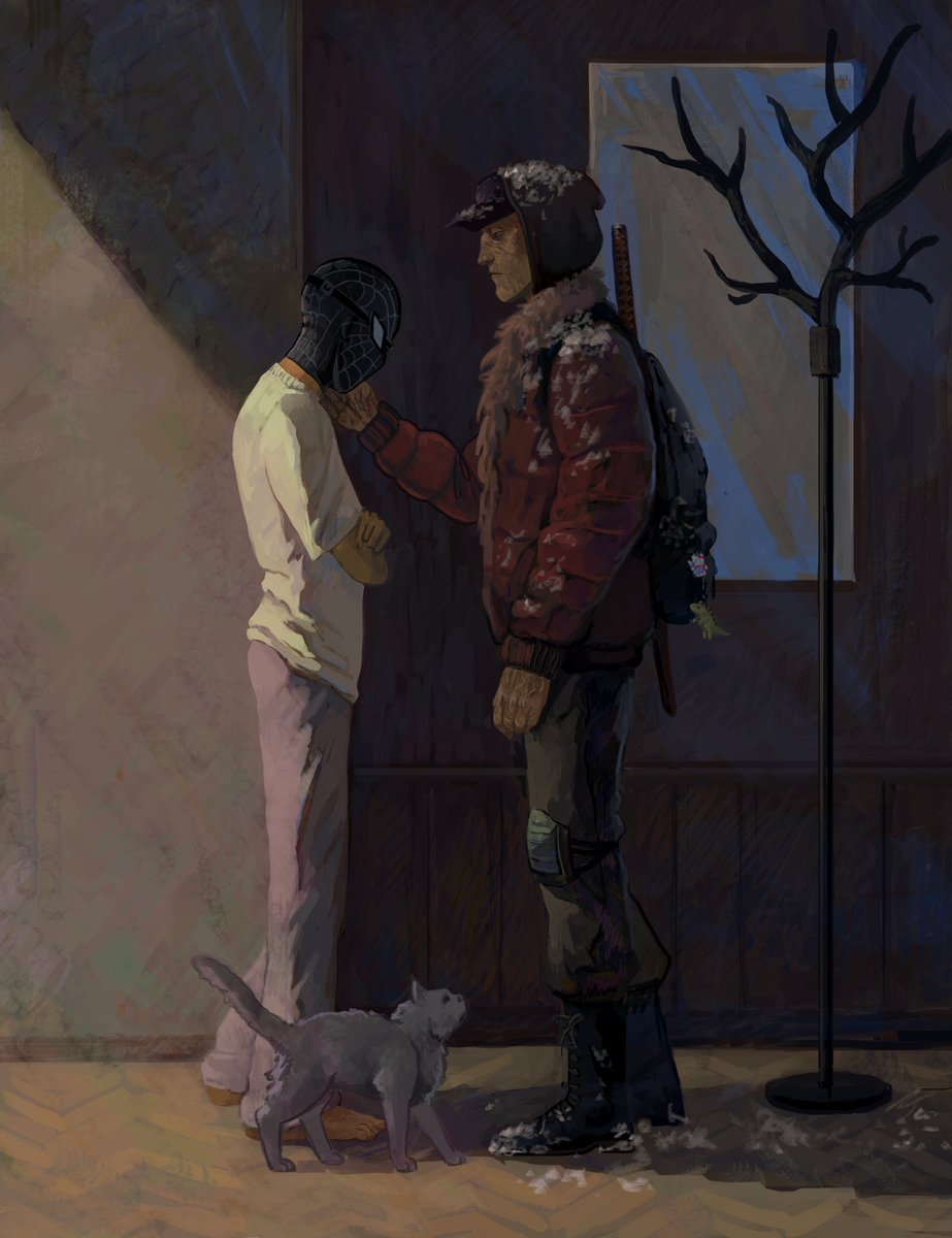 sentisand's tweet photo. another scene from my post apocalypse au #spideypool #deadpool #spiderman https://t.co/nKAECotaeZ