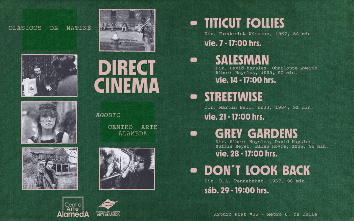 CineArteAlameda's tweet photo. 👉🏽 El #DirectCinema fue una vanguardia documental que nació a fines de los 50 y que buscaba retratar la realidad sin intervención del cineasta ni del equipo técnico.
En Agosto, Clásicos de Matiné: Direct Cinema📹
🎫 Tickets en el link: https://t.co/2FnmYujcxE https://t.co/Exi9Yc2buh