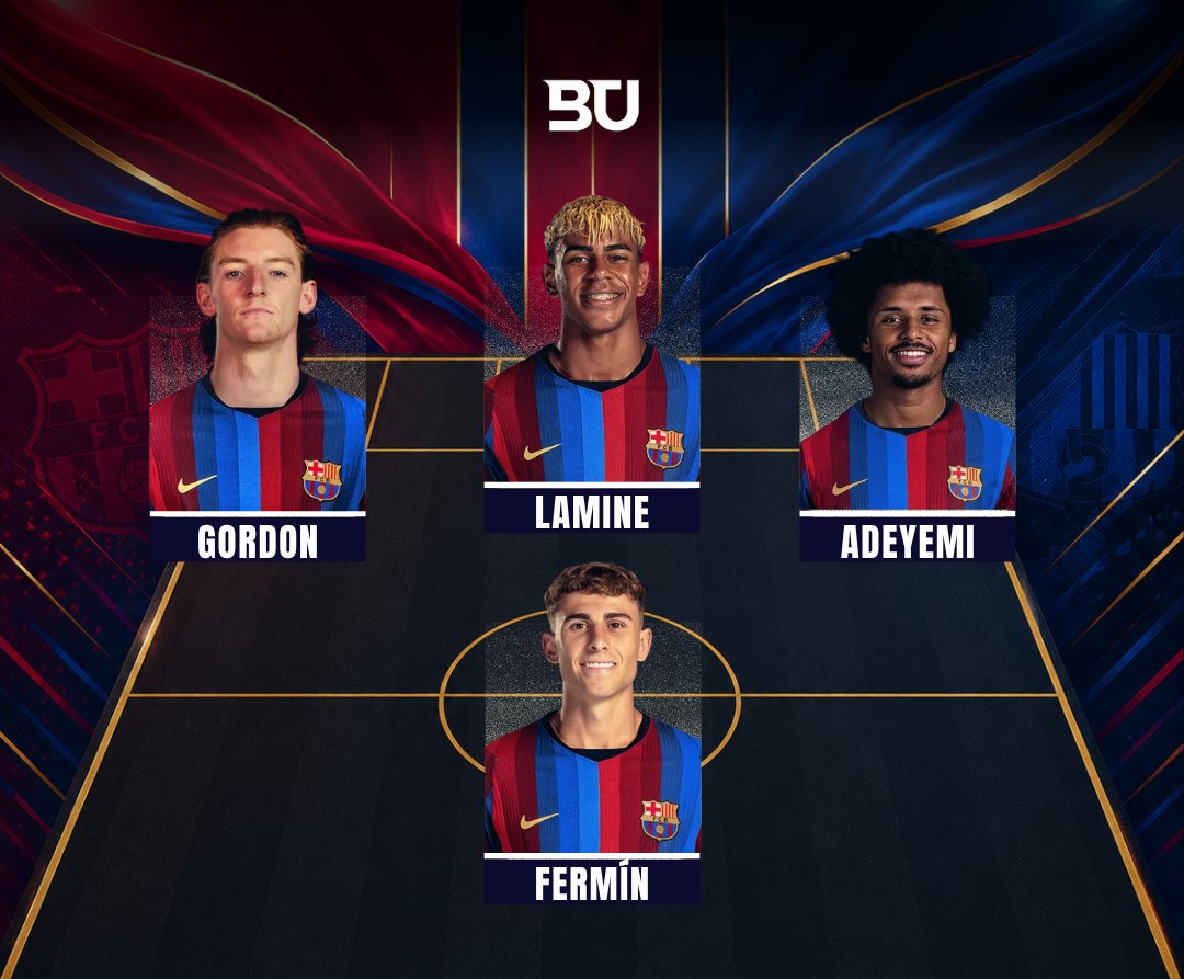 BarcaUniversal's tweet photo. 🚨 BREAKING: Training clips show that Hansi Flick has been trying out this attacking force:

LW: Gordon
False 9: Lamine Yamal
RW: Adeyemi

AM: Fermín https://t.co/7G6YM9TzE7