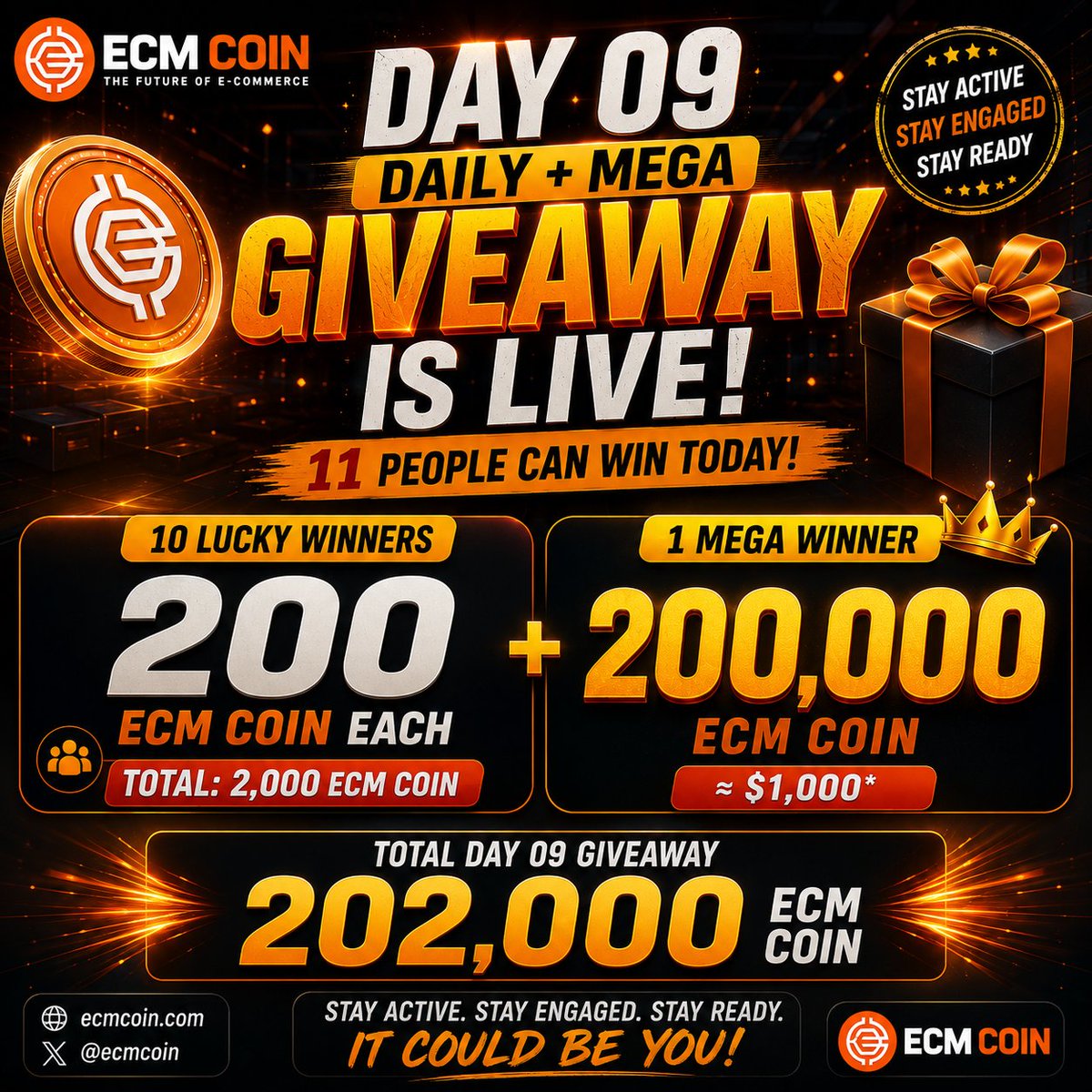 ecmcoin's tweet photo. 🚨🔥 ECM COIN DAY 09 DAILY + MEGA GIVEAWAY IS LIVE! 🔥🚨

After an amazing Day 08, we’re back with another massive opportunity for the ECM Coin community! 🧡🚀

Today, 11 people can win!

🎁 10 Regular Winners × 200 ECM Coin Each
👑 1 Mega Winner × 200,000 ECM Coin

🔥 TOTAL DAY 09 GIVEAWAY: 202,000 ECM COIN!

The 200,000 ECM Mega Prize is worth approximately $1,000* at the referenced market price.

🎁 HOW TO PARTICIPATE DAY 09

Complete ALL of the following tasks:

✅ Follow our Verified ECM Coin X account

❤️ Like the Day 09 Giveaway Post

🔁 Repost the Day 09 Giveaway Post

💬 Comment exactly: “ECM Coin Day 09”

📝 Complete all required information and submit your entry through our official Google Form:

https://t.co/ivHCh01lDU

🎁 REGULAR GIVEAWAY

🏆 10 Lucky Winners
💰 200 ECM Coin Each
🎁 Total: 2,000 ECM Coin

👑 200,000 ECM MEGA WINNER

ONE qualified participant will receive:

🔥 200,000 ECM COIN 🔥
💰 Approximate Value: $1,000*

👑 MEGA WINNER REQUIREMENTS

To qualify for the Mega Prize:

✅ Your X profile must have at least 30 followers

✅ You must follow the official ECM Coin X account

❤️ Like the official ECM Coin posts published throughout Day 09

💬 Leave genuine and relevant comments on our official posts throughout the day

🔁 Repost the official ECM Coin posts published throughout the day

🔥 Stay genuinely active and engaged with our official X account

✅ Complete all regular Day 09 Giveaway tasks

📝 Submit your information correctly through the official Giveaway Form

⚠️ IMPORTANT

Please read the complete task rules carefully before participating.

The Mega Winner requirements are additional to the regular giveaway requirements.

🔍 Mega Winner activity and eligibility will be verified before the 200,000 ECM Coin reward is confirmed.

🚫 Fake followers, bots, fake engagement, spam comments, duplicate entries, multiple-account abuse, or unverifiable activity may result in disqualification.

⚠️ One entry per person.

━━━━━━━━━━━━━━━━━━

🎁 10 WINNERS × 200 ECM

➕

👑 1 MEGA WINNER × 200,000 ECM

🔥 TOTAL: 202,000 ECM COIN

━━━━━━━━━━━━━━━━━━

Yesterday we had a Mega Winner. 🏆
Today, it could be YOU! 👀🔥

Stay Active.
Stay Engaged.
Stay Ready. 🧡🚀

#ECMCoin #ECMGiveaway #MegaGiveaway #Day09 #CryptoGiveaway #ECMCommunity #Web3 #DailyGiveaway

*Approximate USD value may change as the market price of ECM Coin fluctuates.