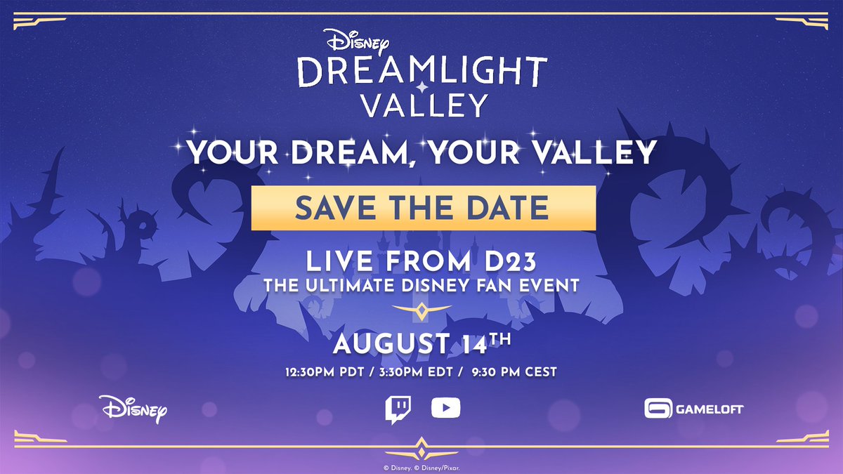 DisneyDLV's tweet photo. Don’t forget to tune in tomorrow! ✨

The Your Dream, Your Valley is coming to you LIVE from D23 at 12:30 PDT/ 3:30 PM EDT on our official Twitch and YouTube channels as we share the inspirations behind the Valley you love, plus a few surprises and exciting reveals you won’t want to miss. 👀

Youtube: https://t.co/YHd9AuVuPm
Twitch: https://t.co/KI9tzWOIlt