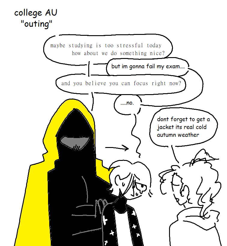 strandpeach's tweet photo. college AU "outing" 
🧵(1/5)    

#collegeAU #alternateuniverse #sfawtde #d3rlord3 #kinginyellow https://t.co/uFXdUblmbx