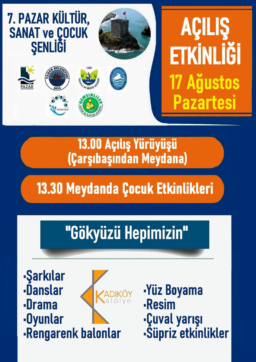 PazarKSE's tweet photo. "Gökyüzü Hepimizin!" 🪁✨

7. Pazar Kültür, Sanat ve Çocuk Şenliği başlıyor! 🎈

En çok da miniklerimizin katılımı, onların o saf neşesi bu şenliğe anlam katacak. Tüm çocuklarımızı ve ailelerimizi bu coşkuya ortak olmaya çağırıyoruz! 👇 https://t.co/rXH5LfdDZN