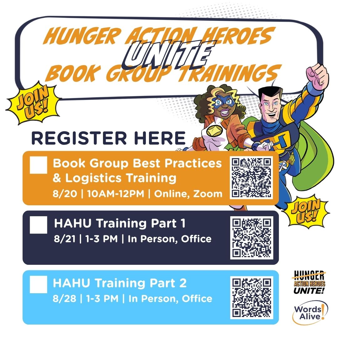 WordsAliveSD's tweet photo. 🦸‍♀️ Calling all Book Group Volunteers! This fall, Words Alive + Feeding San Diego are bringing Hunger Action Heroes Unite to 4th &amp; 5th graders. Help young readers explore food access, build connections &amp; feel empowered! 📚💚 https://t.co/Z7pVYSP7cx
