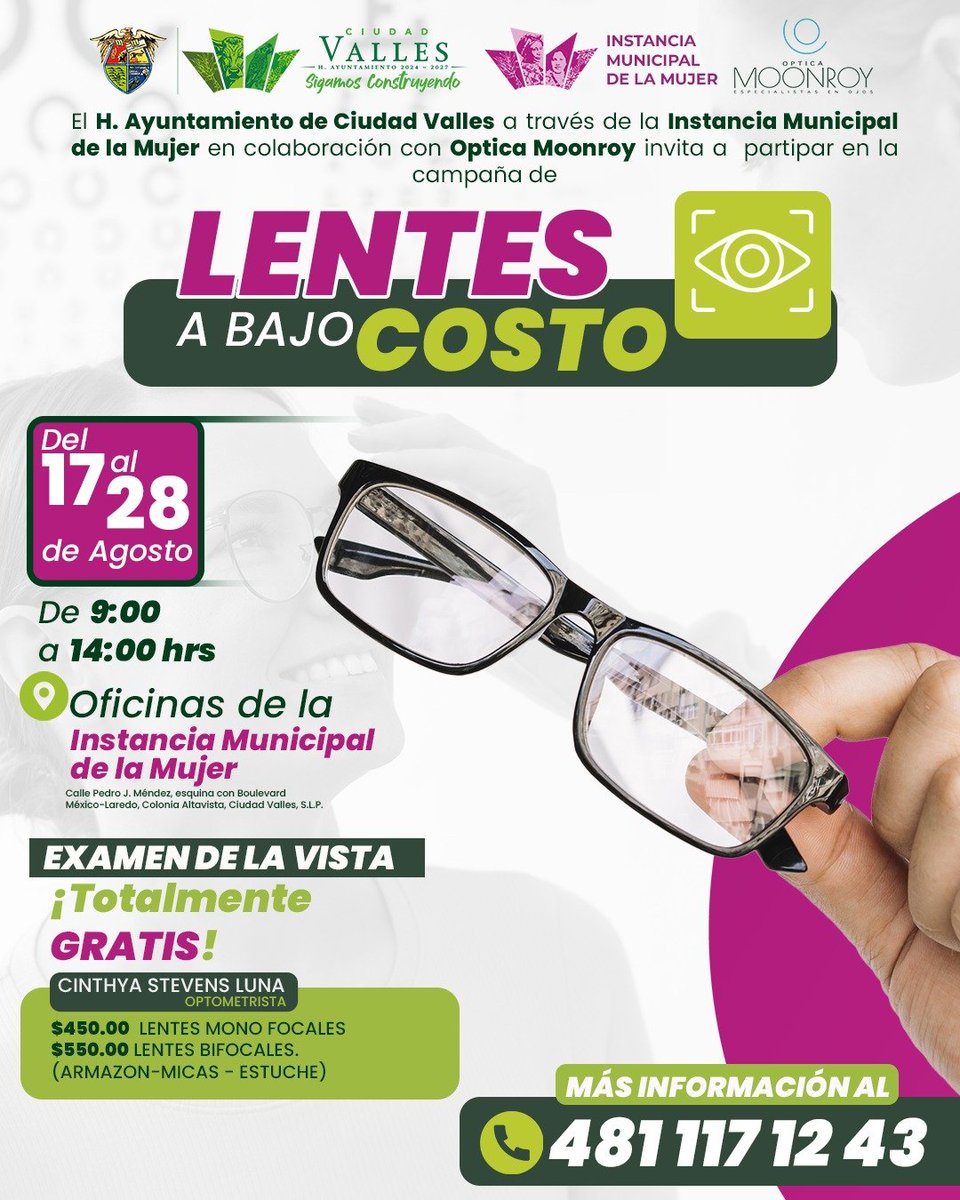 emsavalles1's tweet photo. 👓 ¡CUIDA TU VISTA Y APROVECHA ESTA CAMPAÑA!

✅ El H. Ayuntamiento de Ciudad Valles, a través de la Instancia Municipal de la Mujer, en colaboración con Óptica Monroy, te invita a participar en la campaña “Lentes a Bajo Costo”.

#SigamosConstruyendo #ResultadosQueSeVen https://t.co/A4KePzo7Ri