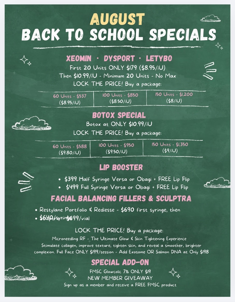 fmdelraybeach's tweet photo. 📚✨ Our Back-to-School Specials Are Here! ✨📚

Get ready to start the new school year feeling refreshed, confident, and glowing! 💕 Enjoy exclusive savings on your favorite aesthetic treatments at Facial Mania Med Spa. https://t.co/r8UFxrEpjP