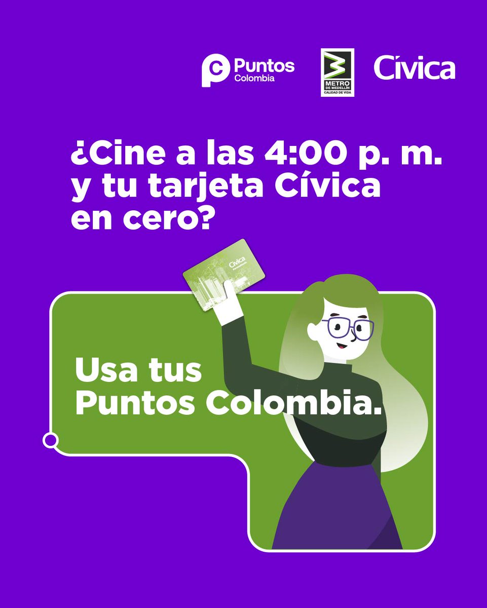 metrodemedellin's tweet photo. Así de fácil redimes los @puntoscolombia que obtuviste recargando la #Cívica para que vayas a cine 📽️:

👉Entra a la App de Puntos Colombia, ve a servicios, elige transporte y luego Cívica.
👉Ingresa tu documento y selecciona la cantidad de puntos a redimir.
👉Confirma el pago y listo.

Y dile a tu 'ami' que llegas en Metro.🚈🫢