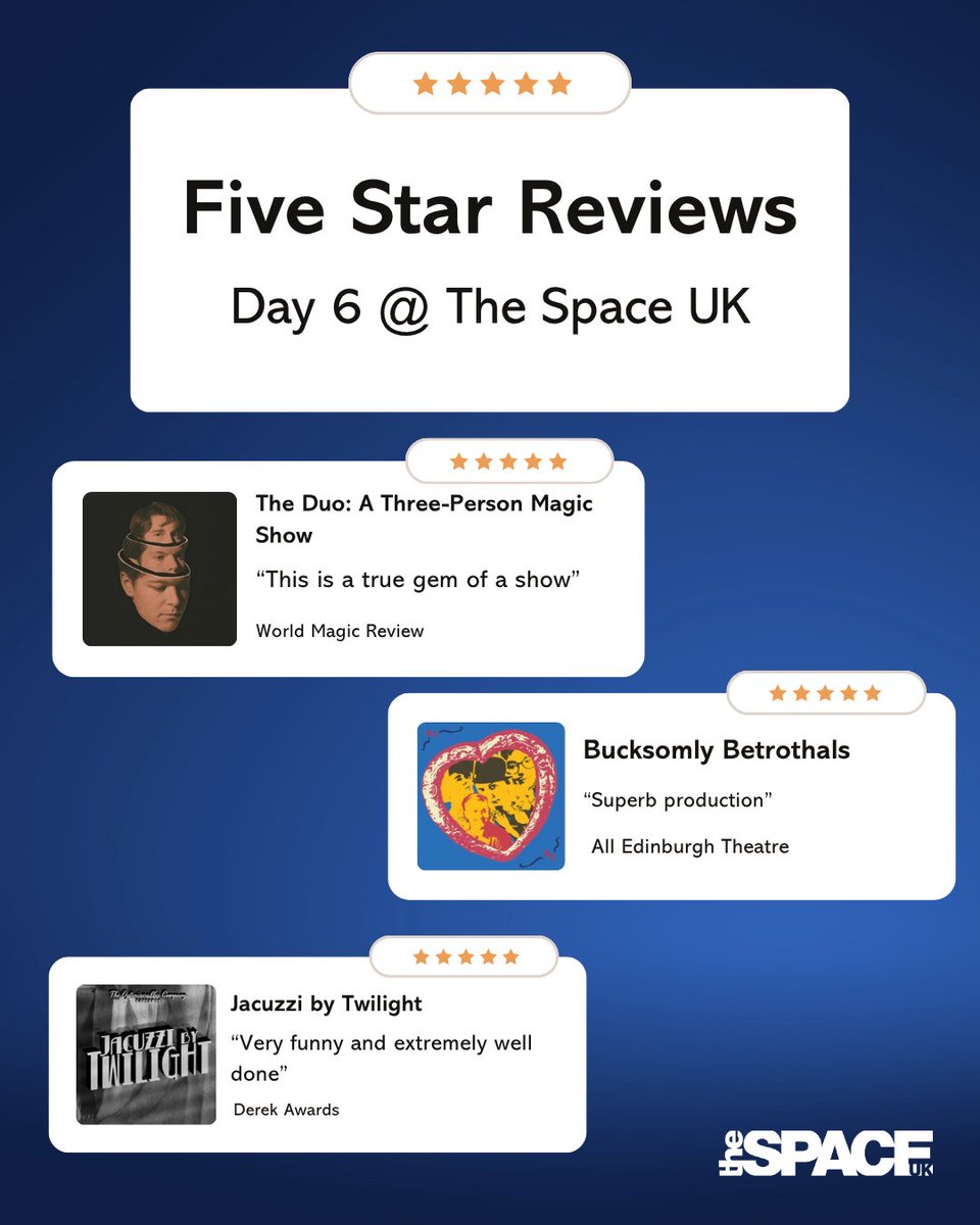 theSpaceUK's tweet photo. More 5 star reviews for theSpaceUK!!👏 Well done to our amazing companies💙✨ #thespaceuk #edfringe https://t.co/Ht5yY3Kcht