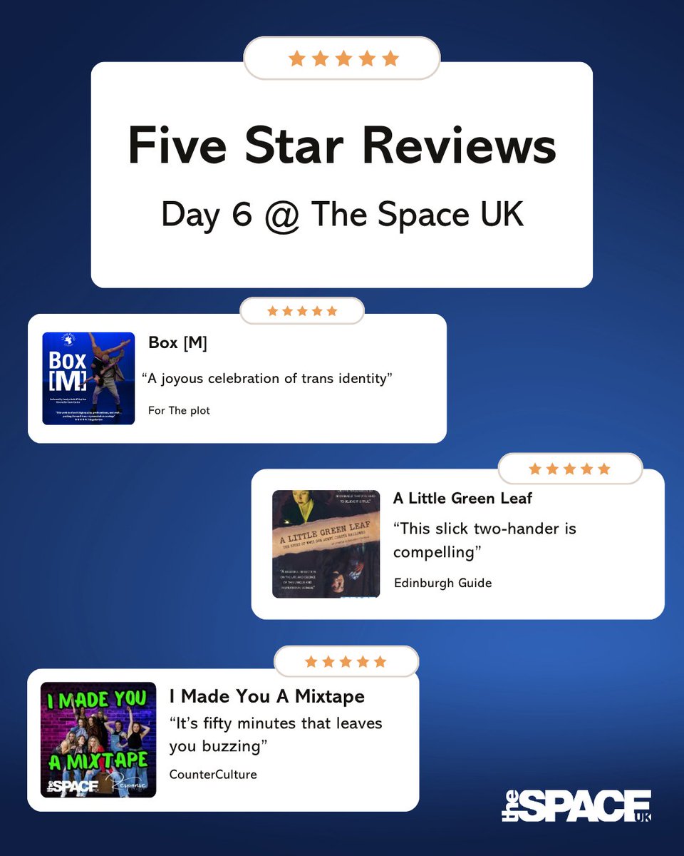 theSpaceUK's tweet photo. More 5 star reviews for theSpaceUK!!👏 Well done to our amazing companies💙✨ #thespaceuk #edfringe https://t.co/Ht5yY3Kcht