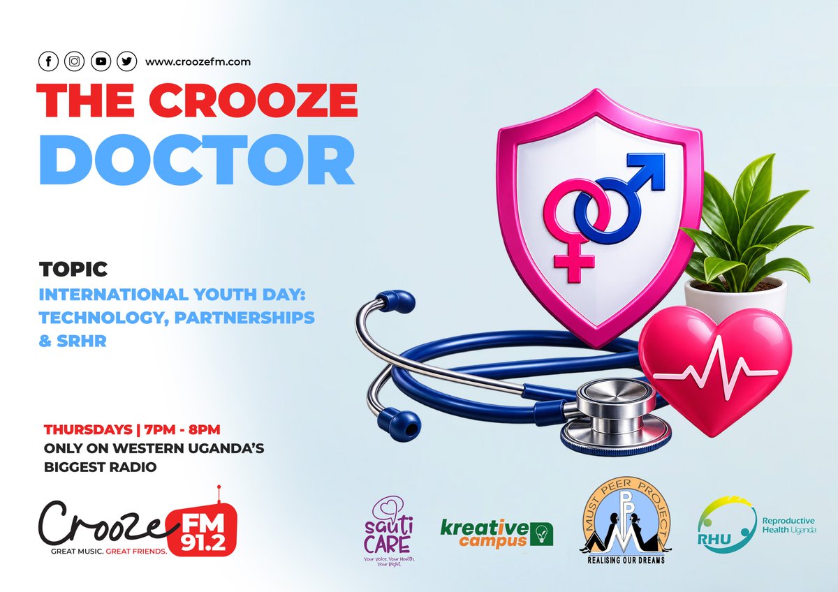 912CroozeFM's tweet photo. 🩺 TONIGHT ON CROOZE DOCTOR | 91.2 CROOZE FM | 7:00 PM - 8:00 PM 

As we mark International Youth Day, we turn the spotlight on young people and the changing world of Sexual and Reproductive Health and Rights (SRHR). 📱💚

Tonight’s topic: International Youth Day: Technology, Partnerships & SRHR - exploring how technology, youth-led initiatives, and stronger partnerships can help young people access accurate information, make informed choices, and connect to the health services they need.

Join the conversation with guests from @SautiCareUG | @mustpeerproject | @KreativeCampus and @RHUganda as we discuss the opportunities, challenges, and role young people themselves can play in shaping better SRHR outcomes.

Get informed. Know your body. Protect your health. 🩺 Stream: https://t.co/iuNb8dZzZY 🔗

#CroozeDoctor 
#Mbarara