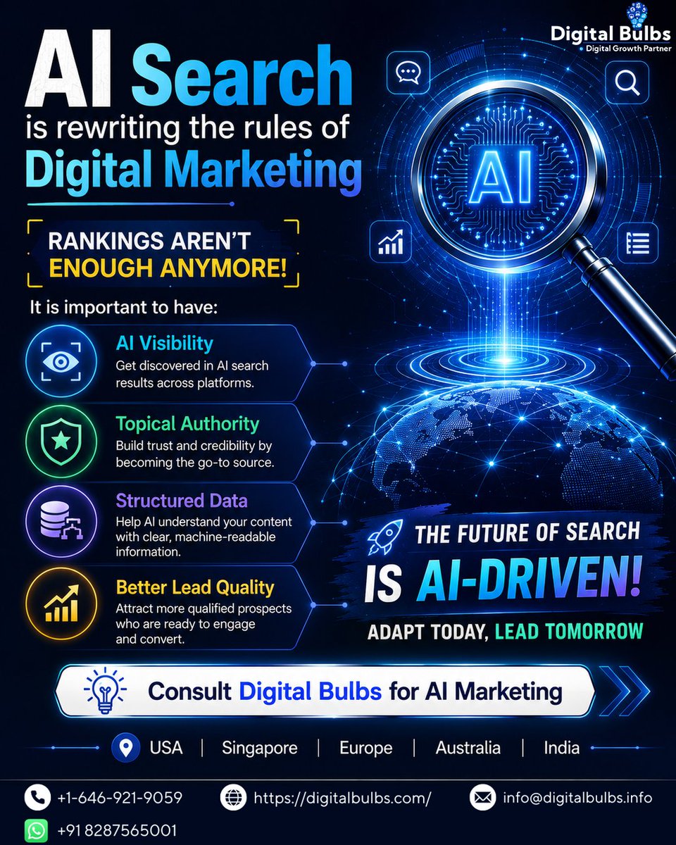 DigitalBulbs's tweet photo. AI Search is changing marketing fast.
SEO alone isn’t enough—brands need AEO, GEO &amp; AI visibility to appear in ChatGPT, etc. visit https://t.co/eDO4GteyF8
#AEO #GEO #SEO #AISEO #AIMarketing https://t.co/H52va1zVhy