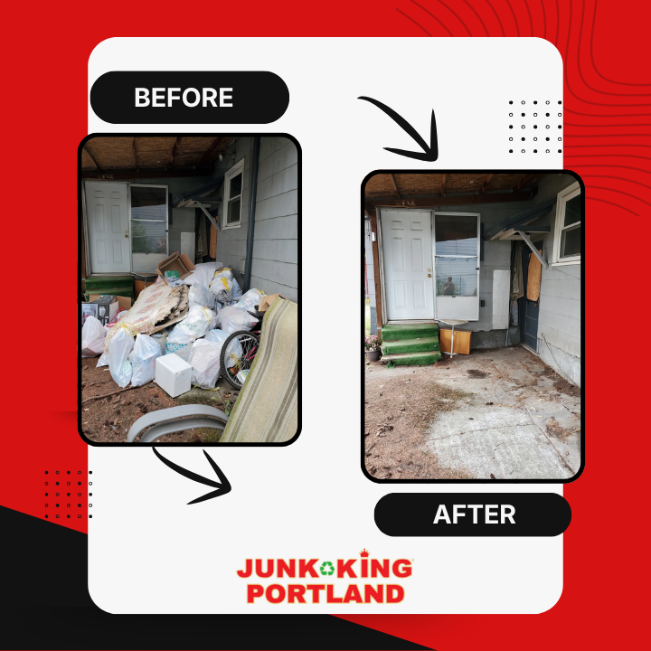 PortlandJunk's tweet photo. Back-entry cleanout: bags, an old mattress, and a pile of debris → clear walkway. 🚛 One visit. Free estimates from Junk King Portland — you point, we haul.

#TransformationThursday #JunkKingPortland #JunkRemoval https://t.co/lWtFnvbkFF