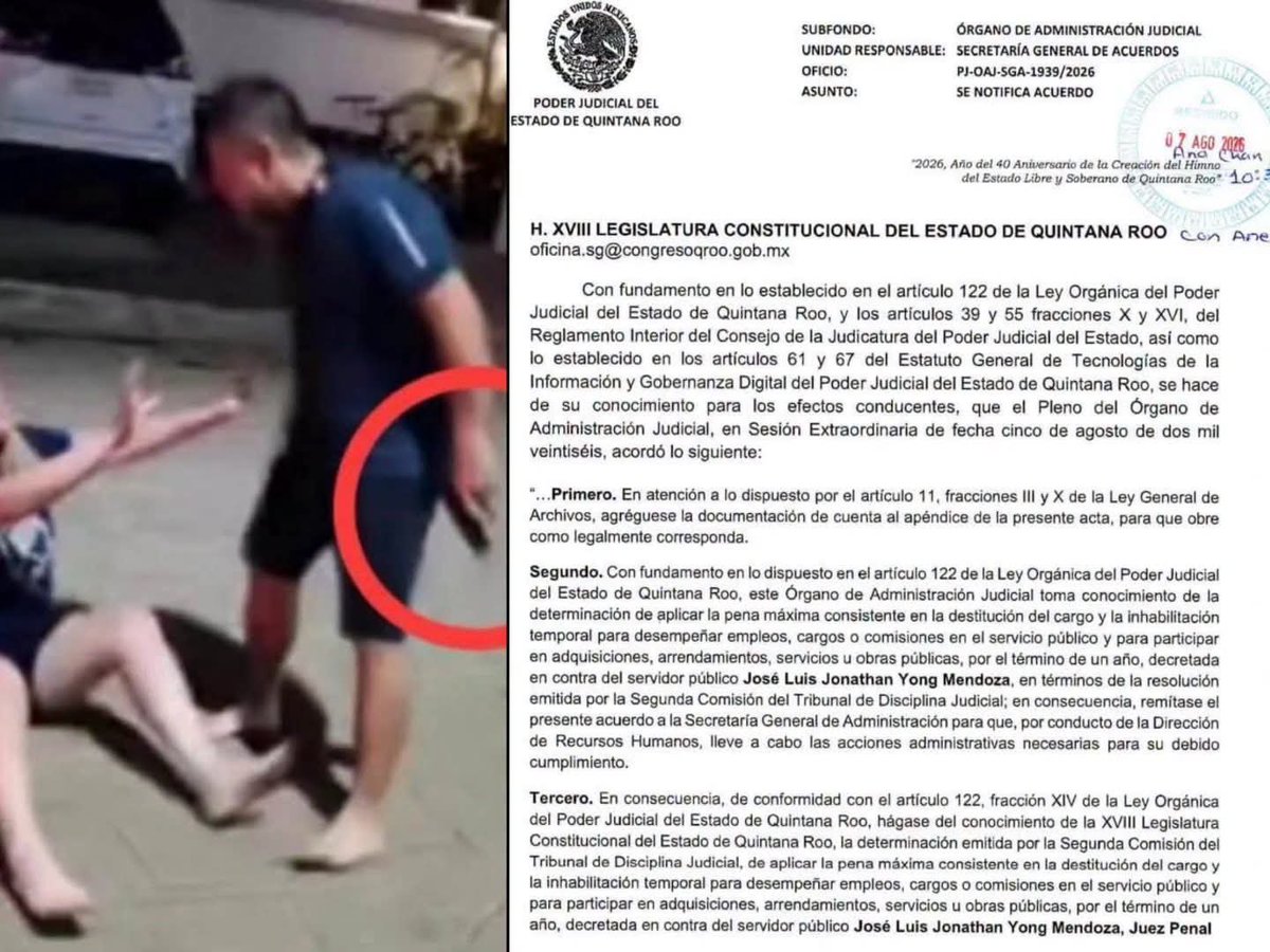 bulletqroo's tweet photo. Le salió barato: Un año de "castigo" le pusieron al juez que amenazó con un arma a su expareja en #Cancún 

El Tribunal de Disciplina Judicial destituyó a Jonathan Yong Mendonza como Juez Penal de Control con Especialización Adicional en Justicia para Adolescentes, luego que el pasado 24 de diciembre agredió y apuntó con un arm4 a quien fuera su pareja sentimental, en el fraccionamiento Palmaris de Cancún.

Fue encontrado culpable de faltar al profesionalismo y ética de la impartición de justicia, además de transgredir la Ley Orgánica y la Ley de Responsabilidades Administrativas del Poder Judicial.

Además de su destitución, fue inhabilitado por un año para ocupar cargos públicos.

#juez #castigo