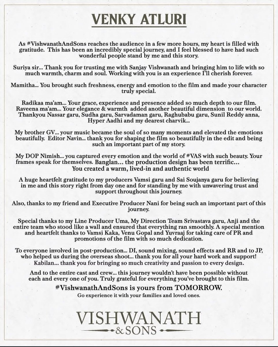 itzme_Vikki's tweet photo. Exclusive : #VenkyAtluri released a note for #VishwanathAndSons ❤
#VASFromTomorrow https://t.co/WrX5VirqAZ