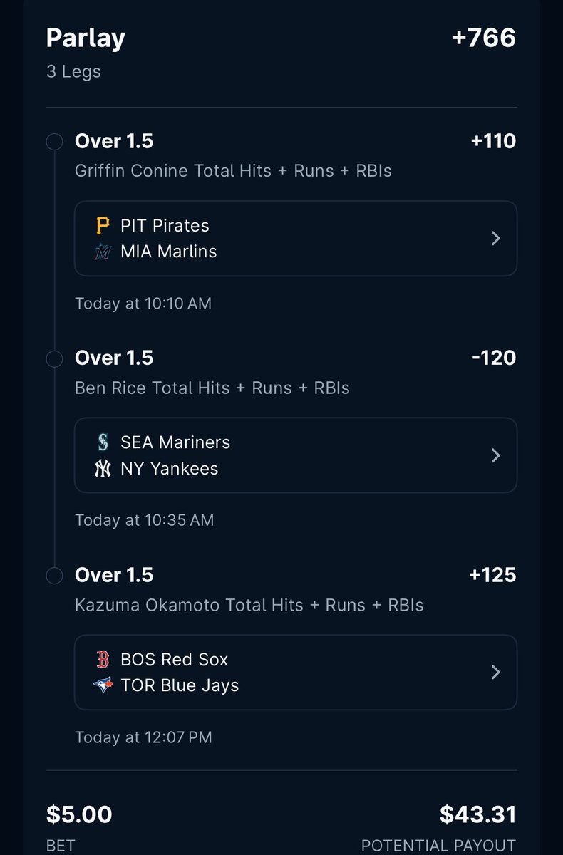 MismatchBet's tweet photo. 3 Batters I Love in the Early Games 👀⚾️
• Griffin Conine — Over 1.5 Hits + Runs + RBIs (+110)
• Ben Rice — Over 1.5 Hits + Runs + RBIs (-120)
• Kazuma Okamoto — Over 1.5 Hits + Runs + RBIs (+125)
+766
$5 ➡️ $43.31 https://t.co/CtDigyE1KU