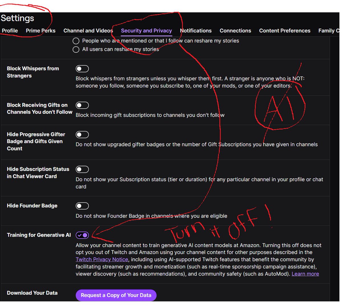 tayteroll's tweet photo. For any creators using Twitch for streaming: TURN THAT SHIT OFF! NO NO NO USING MY CONTENT FOR GENERATIVE BULLSHIT ANYTHING OMG NO https://t.co/pLo7T53j0N