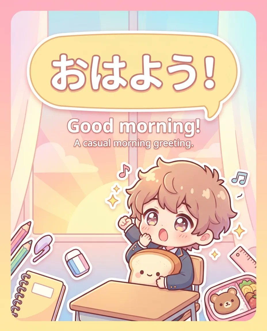 JapaneseAnimeSE's tweet photo. Anime Japanese 🇯🇵

「おはよう！」
= Good morning!

A casual morning greeting you hear a lot in school or daily-life scenes.

Example:
A: おはよう！
B: おはよう！

#LearnJapanese #Japanese #AnimeJapanese https://t.co/Pr2px9mdLE