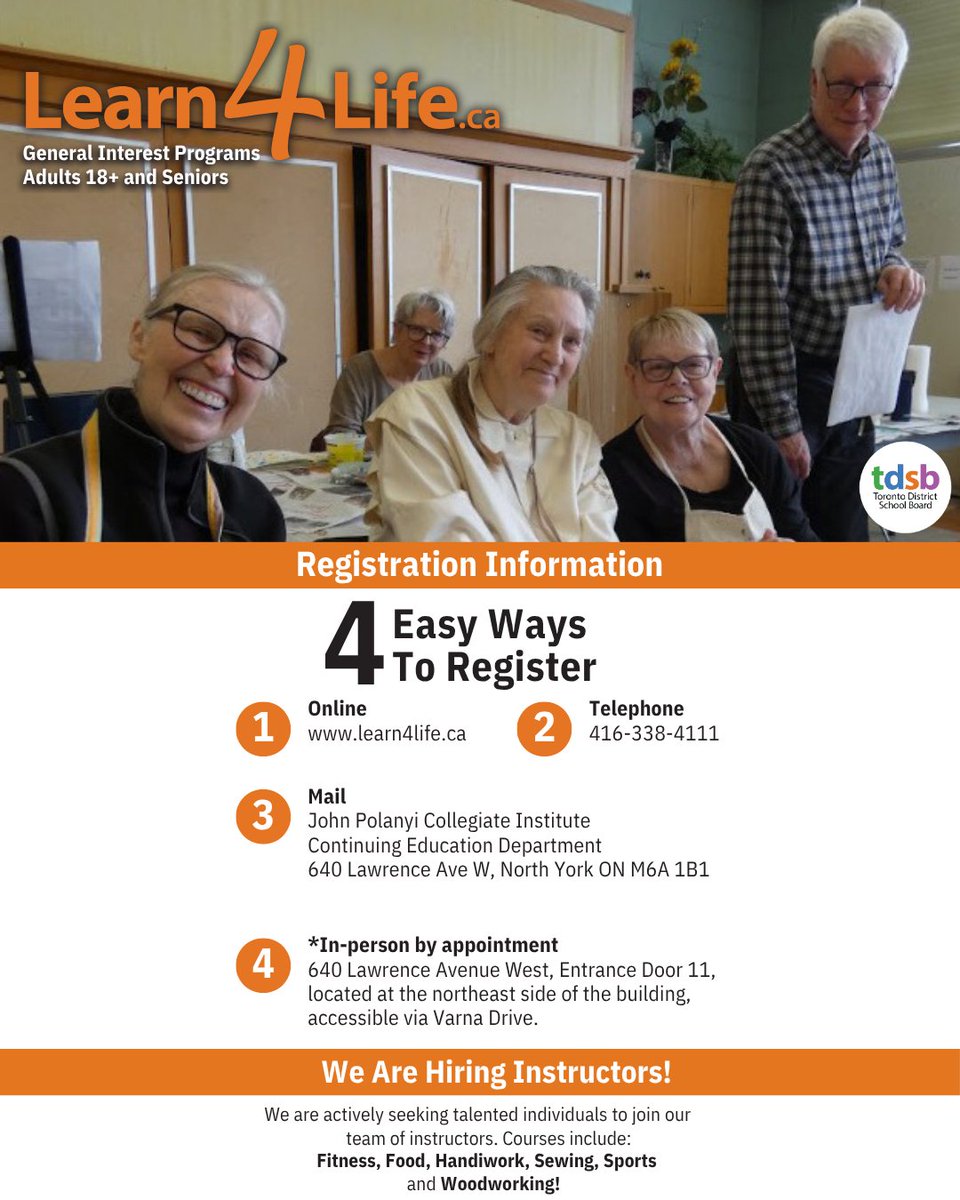 PasternakW6's tweet photo. Looking to learn something new this fall? Registration for @tdsb Learn4Life’s Fall 2026 session is now open! Seniors receive 20% off course fees.
Explore the courses and register: https://t.co/V8MXtb2f1I
#YorkCentre #TDSB #Learn4Life https://t.co/UZRngPYQOI