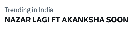 nats_coree's tweet photo. TRENDING IN INDIA!!

NAZAR LAGI FT AKANKSHA SOON https://t.co/mScWqqx1yL