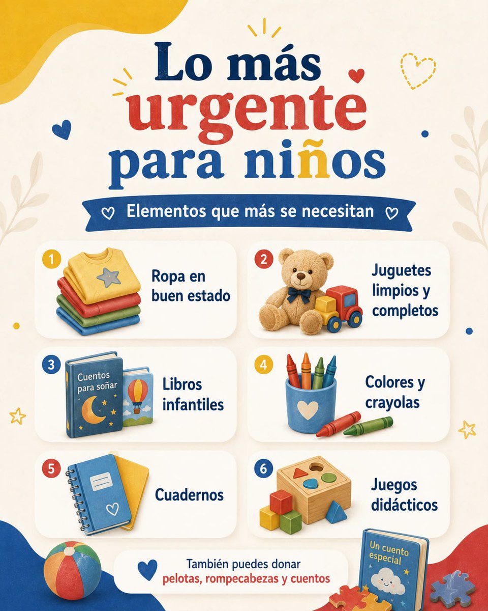 Juaneslc11's tweet photo. 💛💙❤️ Juguetes por Colombia | Manizales

Estamos recolectando donaciones para apoyar a bebés y niños que lo necesitan en este momento.

Para bebés:
•⁠  ⁠Pañales RN, P, M y G
•⁠  ⁠Paños húmedos
•⁠  ⁠Compotas y alimentos para bebé
•⁠  ⁠Ropa limpia y en buen estado
•⁠  ⁠Cobijas y mantas
•⁠  ⁠Teteros o vasitos
•⁠  ⁠Crema antipañalitis
•⁠  ⁠Jabón suave
•⁠  ⁠Shampoo infantil

Para niños:
•⁠  ⁠Ropa en buen estado
•⁠  ⁠Juguetes limpios, completos y en buen estado
•⁠  ⁠Libros infantiles
•⁠  ⁠Colores y crayolas
•⁠  ⁠Cuadernos
•⁠  ⁠Juegos didácticos
•⁠  ⁠Pelotas
•⁠  ⁠Rompecabezas
•⁠  ⁠Cuentos

📍 Punto de recolección: Torre del Cable, Manizales
🕑 Hoy estaremos recibiendo desde las 2:00 p.m. hasta las 6:00 p.m.
📲 Contacto: 301 289 3843

Por favor, entrega la ropa lavada y doblada, los juguetes limpios y completos y los productos de higiene, pañales y alimentos sellados y dentro de su fecha de vencimiento.

También estamos recibiendo donaciones económicas para comprar los elementos más urgentes.

Si no puedes donar, ayudarnos a compartir este mensaje también hace una gran diferencia. 🫶

Gracias por sumarte a Juguetes por Colombia.