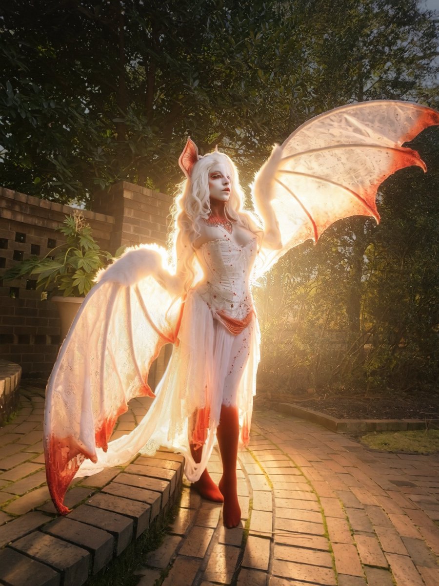 Mossyfoxx's tweet photo. Went in another direction with the editing for my first set of wings using my pattern/tutorial!

They were originally very cold tones like blood in the snow, but the sun behind me in this shot inspired me to go with a lot more warmth and really extended/added onto the background lighting like I did in my most recent sets. I tried keeping a lot of little details while still making everything softer and almost fairytale book vibes 

(Original will be posted below!)