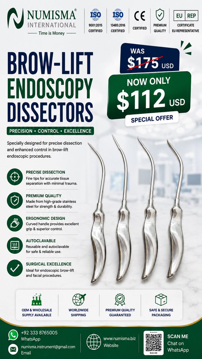 numismainst's tweet photo. Brow-Lift Endoscopy Dissectors

• Precision-designed for brow-lift endoscopic procedures
• Fine curved tips for controlled dissection
• Special Offer: $112 USD
• OEM

#BrowLift #EndoscopyInstruments #PlasticSurgery #SurgicalInstruments #MedicalInstruments https://t.co/h7RLREm3OR