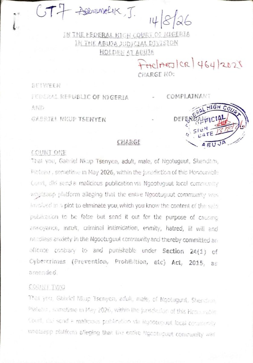 ChidiOdinkalu's tweet photo. It looks like the Director of Public Prosecutions in the Federal Ministry of Justice has now taken over from @OfficialDSSNG, the prosecution of former Chairman of @NigBarAssoc, @GTsenyen, in the matter of his post on their village WhatsApp platform in Shendam, Plateau State, involving the land matter with the current president of @NGCourtofAppeal.

They are that idle?!