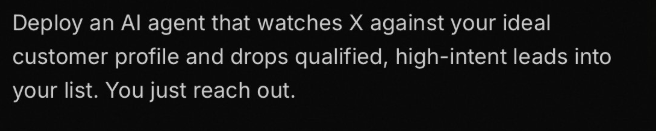 Isaacvts's tweet photo. @aschapmann I would shorten the text here, into something like:
 
Deploy an AI agent on X that finds high-intent leads matching your ideal customer. Just reach out. https://t.co/jlo9TLottK