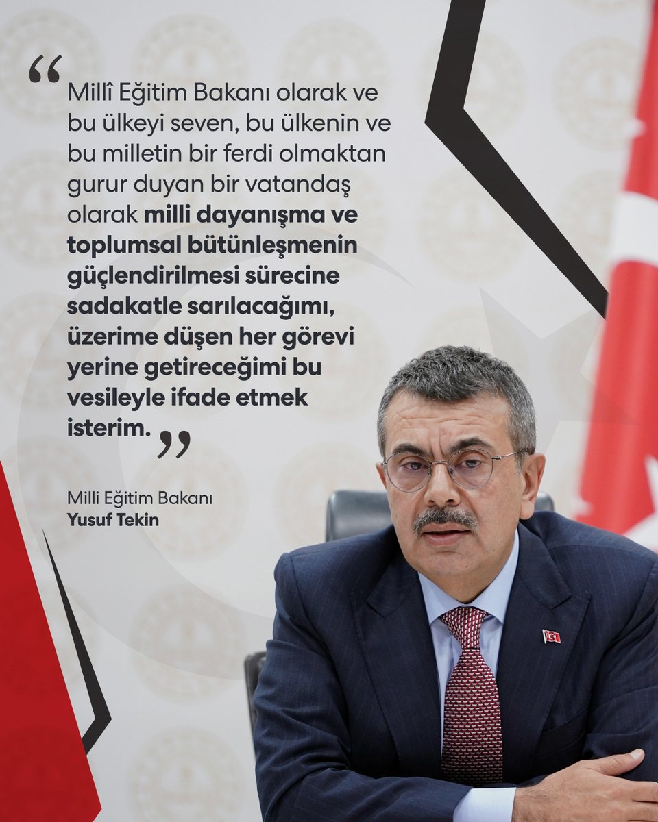 meb_dinogretimi's tweet photo. Milli Eğitim Bakanı Yusuf Tekin:

“Milli Eğitim Bakanı olarak ve bu ülkeyi seven, bu ülkenin ve bu milletin bir ferdi olmaktan gurur duyan bir vatandaş olarak millî dayanışma ve toplumsal bütünleşmenin güçlendirilmesi sürecine sadakatle sarılacağımı, üzerime düşen her görevi yerine getireceğimi bu vesileyle ifade etmek isterim.”
@Yusuf__Tekin