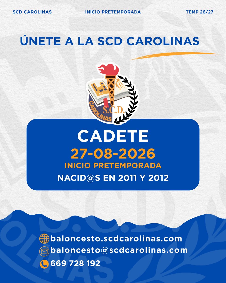 scdcarolinas's tweet photo. 🏀 𝗨́𝗡𝗘𝗧𝗘 𝗔 𝗟𝗔 𝗦𝗖𝗗 𝗖𝗔𝗥𝗢𝗟𝗜𝗡𝗔𝗦 🏀⁣
⁣
¿Te gustaría jugar en la 𝗦𝗖𝗗 𝗖𝗔𝗥𝗢𝗟𝗜𝗡𝗔𝗦 la próxima temporada?⁣
⁣
Contacta con nosotros y te informaremos de todo👇⁣
☎ 669 728 192
📩 baloncesto@scdcarolinas.com⁣
💻 https://t.co/BXzjNF6loa https://t.co/G79mYCH5h3