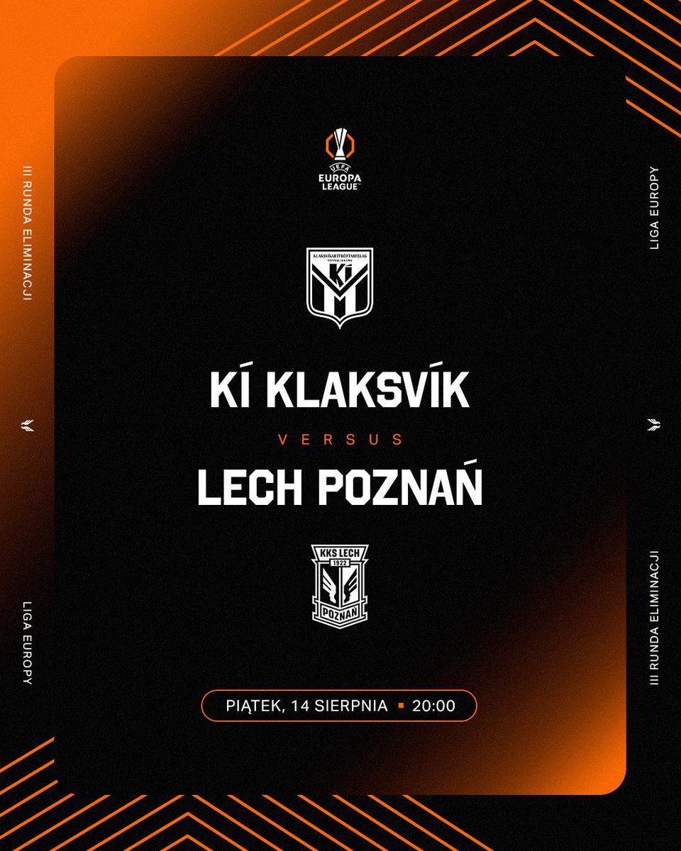 LechPoznan's tweet photo. Decyzją UEFA mecz pomiędzy KÍ Klaksvík a Lechem Poznań został przeniesiony na jutro (14 sierpnia) na 20:00 czasu polskiego (19:00 czasu lokalnego). https://t.co/Bth5rWEqGL