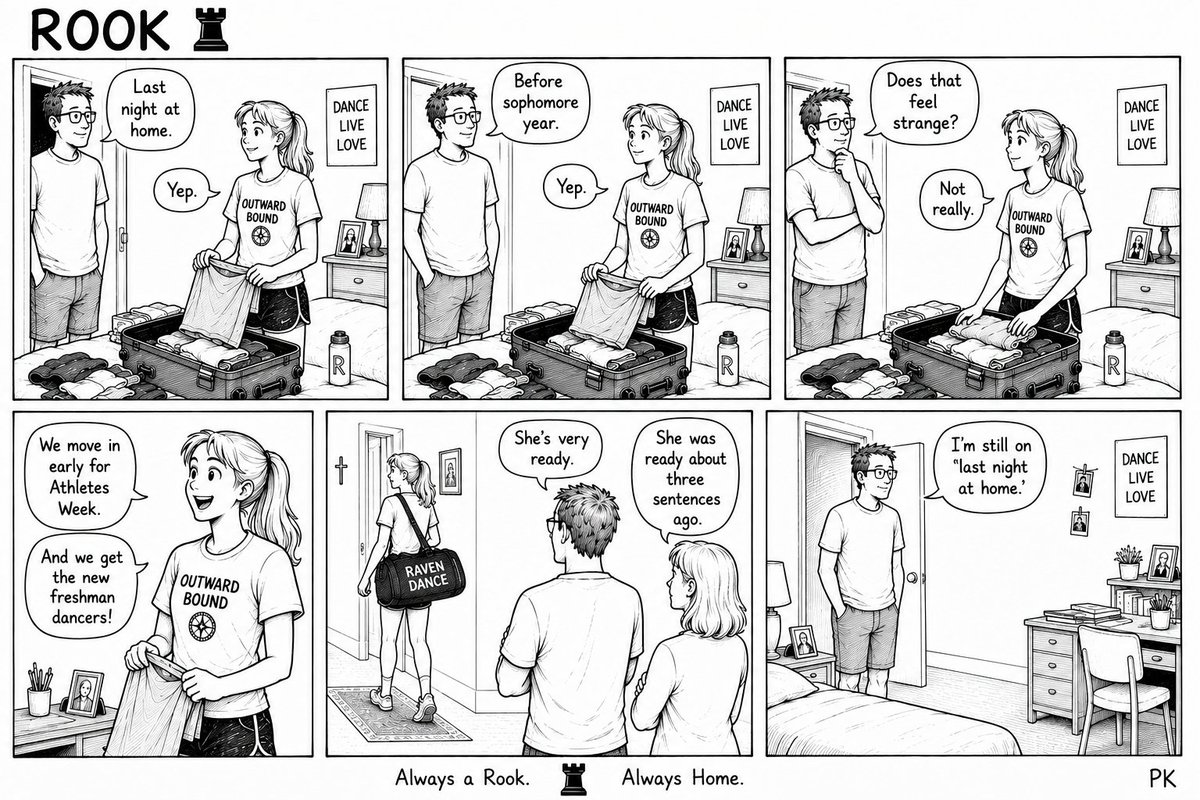 ChestertonRadio's tweet photo. Tonight is Tall Girl’s last night at home before heading back to @BenedictineKS for sophomore year.
She’s ready.
Dad may need another minute.
Today’s ROOK: Last Night at Home ♜
Read the comic
https://t.co/XHl4fOS3sg
#BenedictineCollege #CollegeDad https://t.co/APOZ2IMZYw