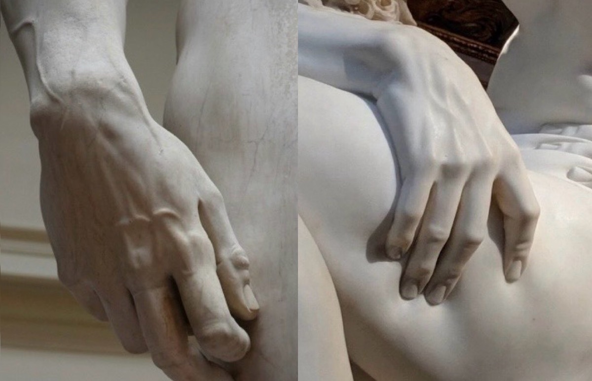 historyinmemes's tweet photo. Marble hands sculpted by Michelangelo at age 26 and Bernini at age 23.

The comparison between Michelangelo’s marble hands, sculpted at age twenty-six, and Gian Lorenzo Bernini’s work at twenty-three reveals two different approaches to portraying the human form. In David, Michelangelo displayed extraordinary anatomical precision, rendering veins, tendons, and muscular tension to convey both physical strength and intellectual power.

Bernini took marble in an equally remarkable direction with The Rape of Proserpina. His depiction of Pluto’s fingers pressing into Proserpina’s thigh creates the astonishing illusion of soft flesh yielding beneath his grip. Where Michelangelo used marble to express idealized human perfection, Bernini transformed it into something remarkably lifelike and tactile.