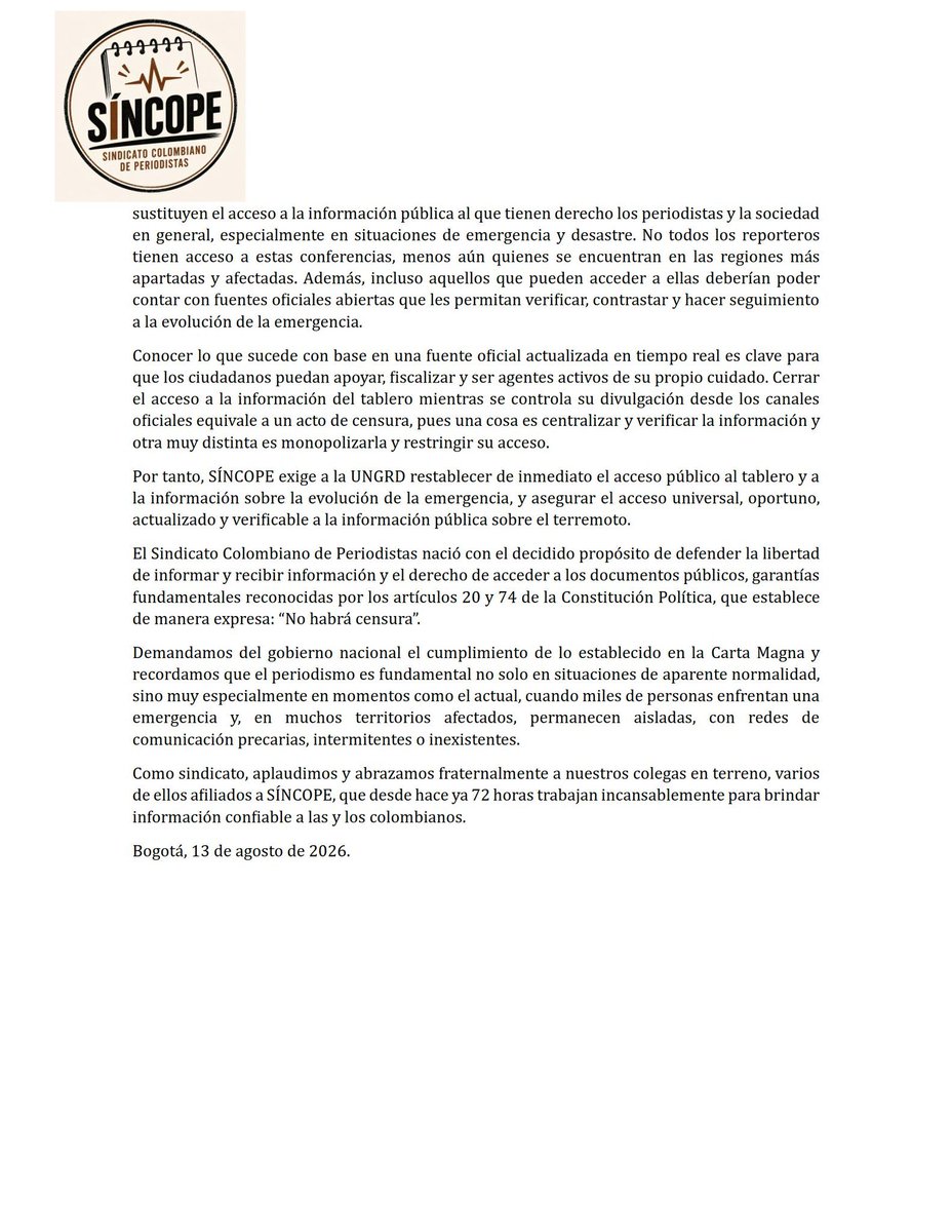 corpades's tweet photo. #Urgente 🇨🇴 #Censura

Comunicado del Sindicato Colombiano de Periodistas SÍNCOPE:

"Gobierno de  @ABDELAESPRIELLA comete primer acto de censura: la @UNGRD bloquea plataforma de información sobre el terremoto."

Difundir por favor https://t.co/oeB266rONy