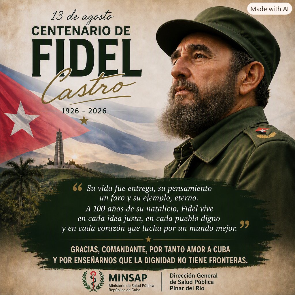 SaludDPinar's tweet photo. A cien años de su natalicio, Fidel sigue siendo conciencia y esperanza.
Su legado late en cada médico que cura, en cada pueblo que defiende la vida con https://t.co/1EjXXOkGBg salud pública cubana lo recuerda como guía y ejemplo.
#CienAñosConFidel #CubaPorLaVida https://t.co/apSTcDtcEY