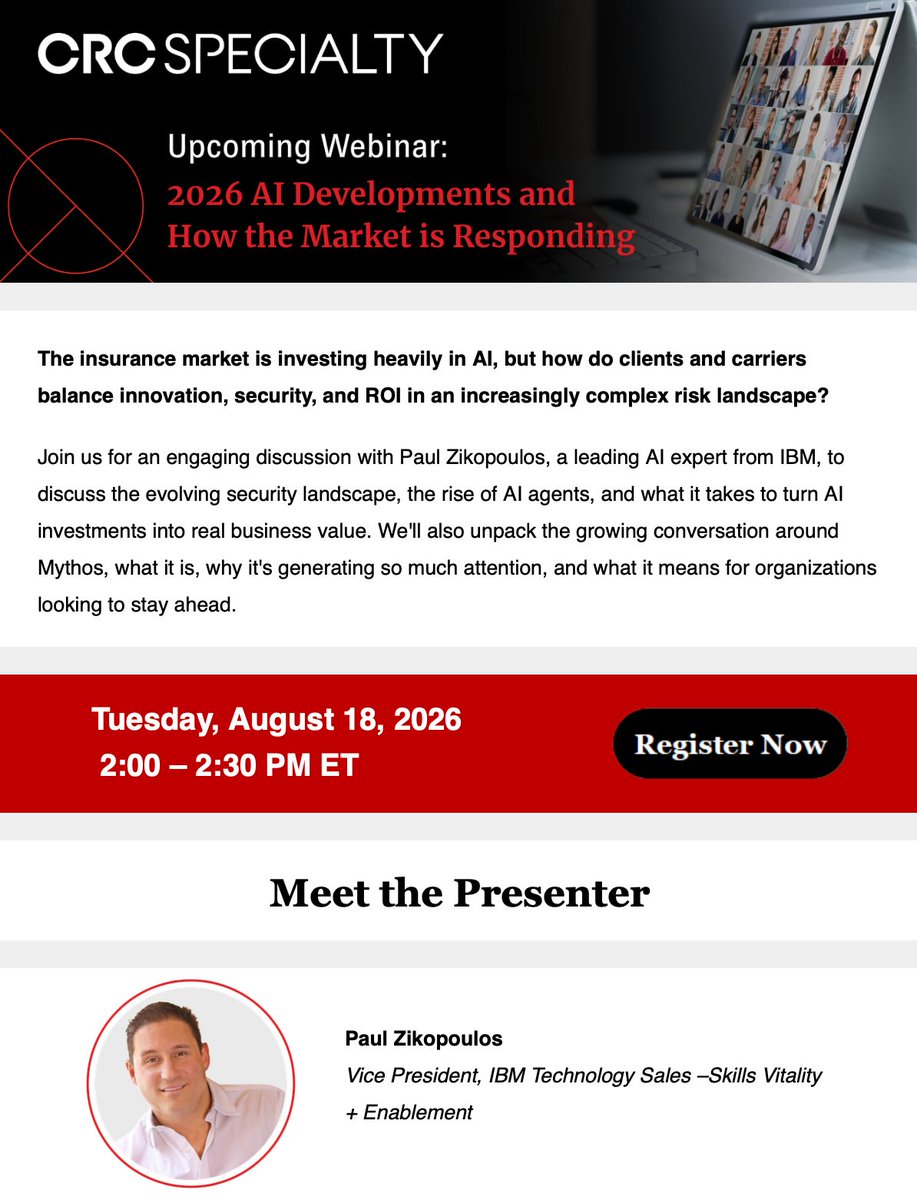 BigData_paulz's tweet photo. Join me on Aug. 18 with the phenomenal team at CRC Group as we tackle some of the things everyone wants to be talking about in #Insurance. It’ll be a short podcast—but the ideas, questions, and things to think about will come fast. Buckle up!

Register: https://t.co/CCK4re3Ye3 https://t.co/uUsT9H5kz5