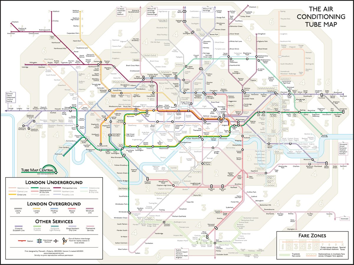 TubeMapCentral's tweet photo. In case no one has done this before, here is the air conditioning tube map. Good news, Piccadilly Line and Docklands Light Railway are both scheduled to have fully air conditioned trains. If you are not on the Underground, don't worry, all commuter trains are air conditioned. https://t.co/wMZMXnHssW