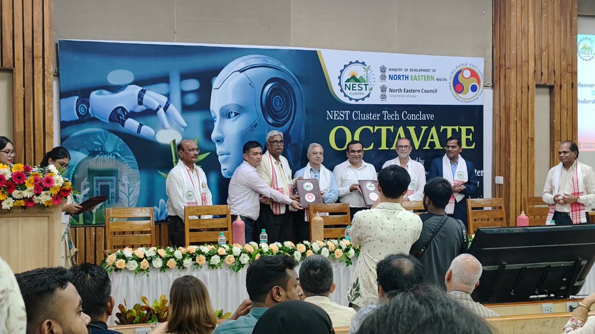 neristofficial's tweet photo. Proud moment for NERIST at #OCTAVATE-Conclave 2026, at @IITGuwahati.
Apart from signing an MoU between NERIST and NEST Cluster (IIT Guwahati), as a Spoke Institute, NERIST won the Best Expo Stall Award among 16 institutes, showcasing Drone Technologies & 3D Dental Printing. https://t.co/Pigih67Aik