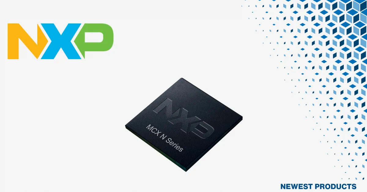 MCX Series microcontroller from NXP shown on a white background with NXP branding, a blue geometric pattern along the right side, and "NEWEST PRODUCTS" text in the lower right corner.