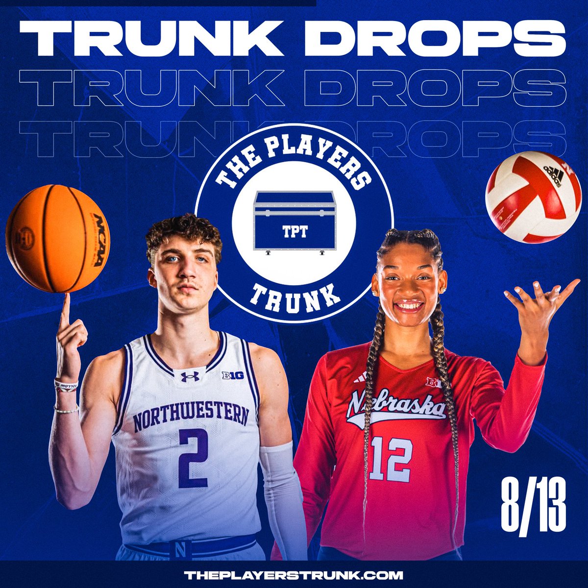 theplayerstrunk's tweet photo. 🚨 TRUNK DROPS TONIGHT 🚨

Two stars. Two sports. One night. 🔥

🏀 Nick Martinelli — Northwestern Basketball restock
🏐 Taylor Landfair — Nebraska Volleyball &amp; Team USA

Both drops go LIVE TONIGHT at 8PM ET on The Players Trunk.

Game-worn &amp; team-issued gear. Don’t miss it. 👀 https://t.co/lmdIQU2a9m