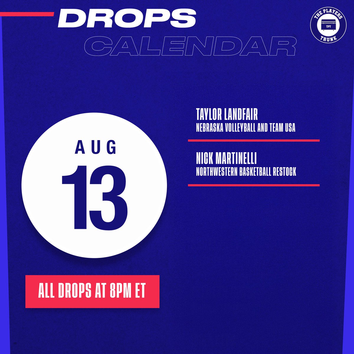 theplayerstrunk's tweet photo. 🚨 TRUNK DROPS TONIGHT 🚨

Two stars. Two sports. One night. 🔥

🏀 Nick Martinelli — Northwestern Basketball restock
🏐 Taylor Landfair — Nebraska Volleyball &amp; Team USA

Both drops go LIVE TONIGHT at 8PM ET on The Players Trunk.

Game-worn &amp; team-issued gear. Don’t miss it. 👀 https://t.co/lmdIQU2a9m