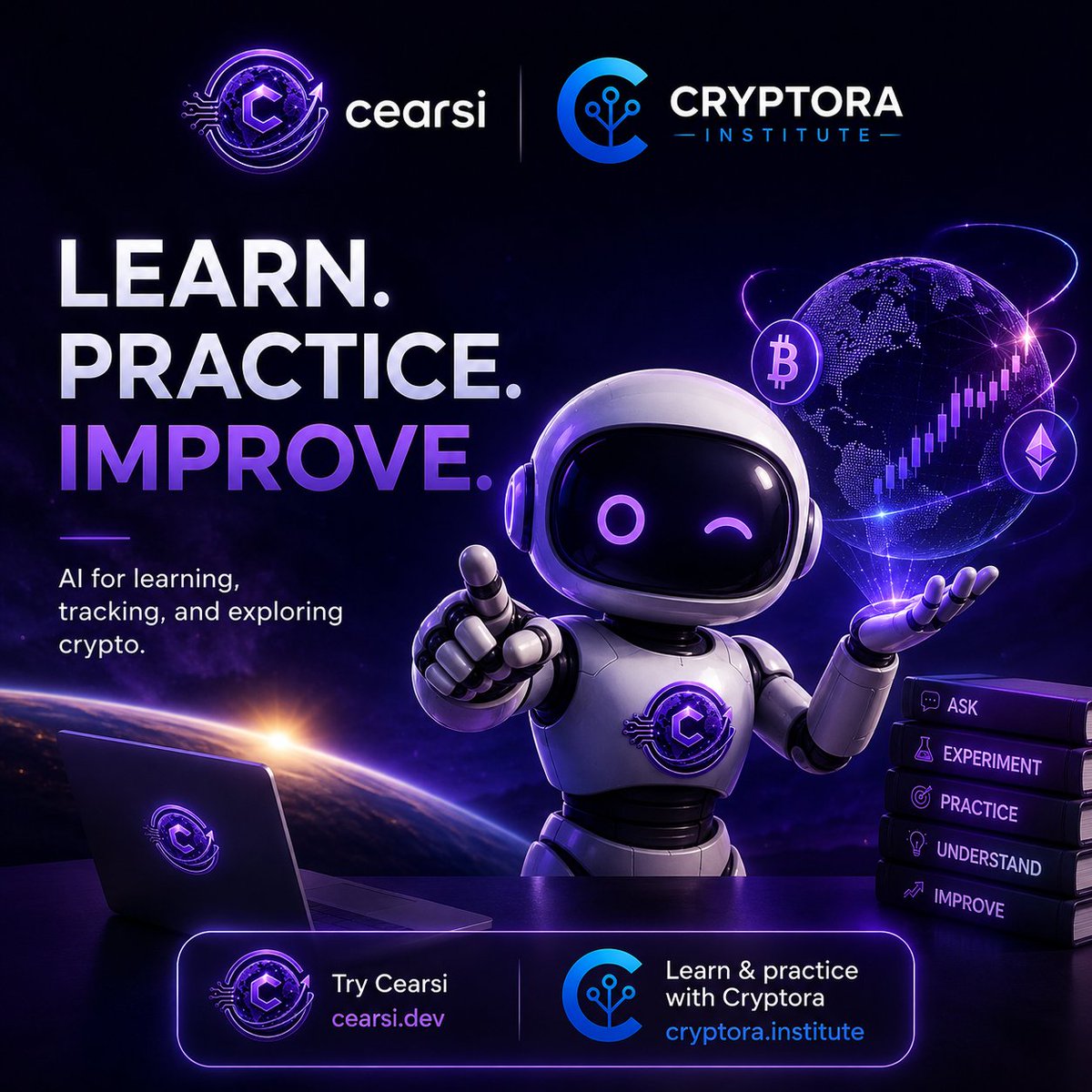 learn_cryptora's tweet photo. We don't think learning crypto should mean staring at charts or memorizing terminology.

You should be able to:

Ask questions.
Experiment.
Make mistakes.
Practice.
Understand why things happen.

That's why we built Cearsi. 🤖

An AI system built to help you learn, track your progress, and explore the world of crypto.

🤖 Try Cearsi: https://t.co/McswGG2FBj
🎓 Learn & practice with Cryptora: https://t.co/HjsaABobWp

Learn. Practice. Improve.

#Cearsi #Cryptora #CryptoEducation #AI #Crypto #Trading #LearnCrypto