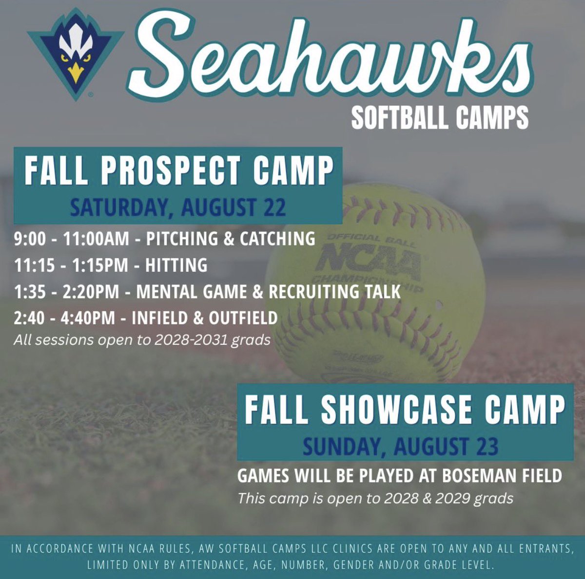 UNCWsoftball's tweet photo. Spend the weekend with the Seahawks! There are limited spots available in next weekend’s Fall Prospect and Fall Showcase Camp! 

Sign up today to save your spot! 

🔗: https://t.co/d1rOfErGLh https://t.co/9m3xaercnE