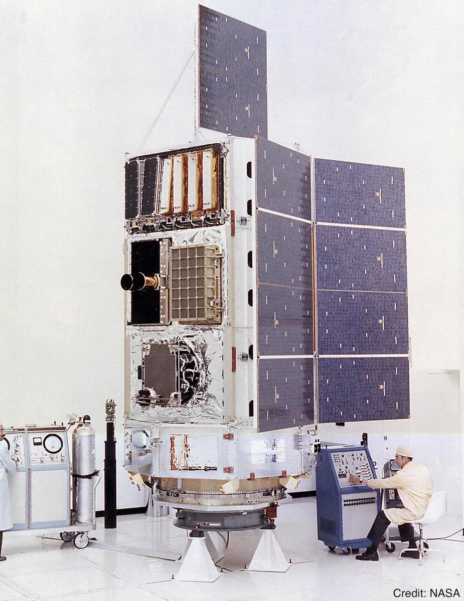 This photo shows the High Energy Astronomy Observatory in a bright white cleanroom before its launch. The spacecraft stands on a small white stand and has a tall boxy shape. On its left side, exposed panels of instruments of various sizes, shapes, and colors are visible. On its right side, shiny dark gray solar panels are attached, and another solar panel extends from the top of the spacecraft. Two people in protective clothing are in the room, and they are much smaller than the observatory. One is sitting at a gray and blue computer console to the right, and the other, partially visible, is standing at the left edge of the image, near a rolling cart with equipment and a silver cylinder of gas. The image is watermarked “Credit: NASA.”
