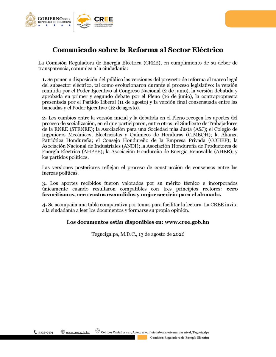 CREE_HONDURAS's tweet photo. La Comisión Reguladora de Energía Eléctrica (CREE) pone a disposición pública las distintas versiones de la Reforma al Sector Eléctrico, con el propósito de facilitar el acceso a la información y contribuir a una comprensión clara y transparente de su evolución durante el proceso legislativo.

La ciudadanía puede conocer las modificaciones incorporadas, comparar las diferentes versiones de la propuesta e identificar sus principales cambios.

📷 Los documentos están disponibles en: 
https://t.co/DzHHnsAQ3P
