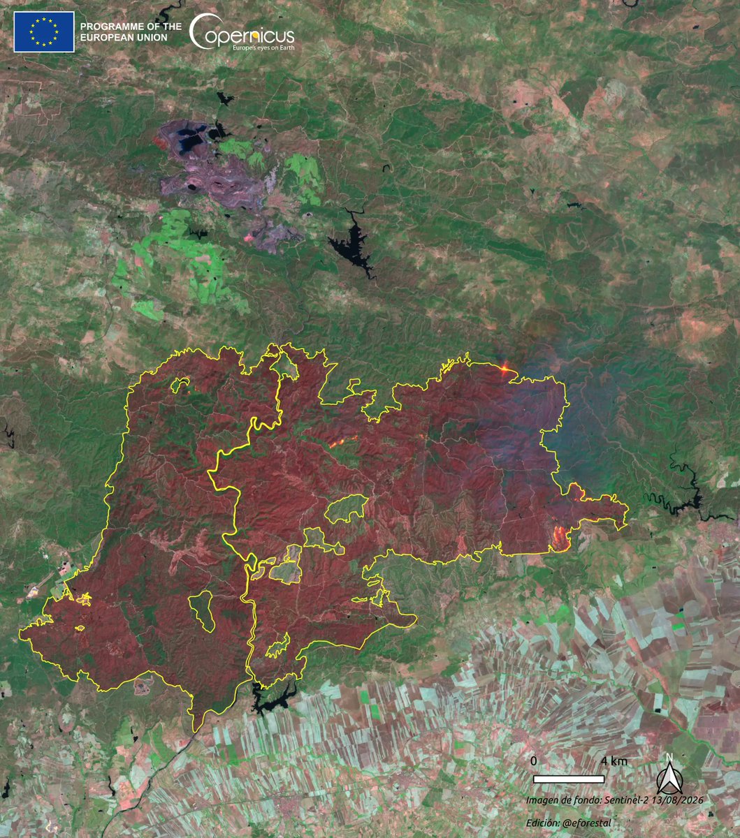 eforestal's tweet photo. @CopernicusEU 🔥#IFNiebla, #Huelva
❗ACTUALIZACIÓN perímetro y superficie afectada tomando como base imagen 🛰️#Sentinel2 de 🇪🇺@CopernicusEU  de 13/08/2026 13:06 h CEST 

🔴38400 ha

ℹ️https://t.co/cpvaVVtJ25 https://t.co/eoMFcURbad