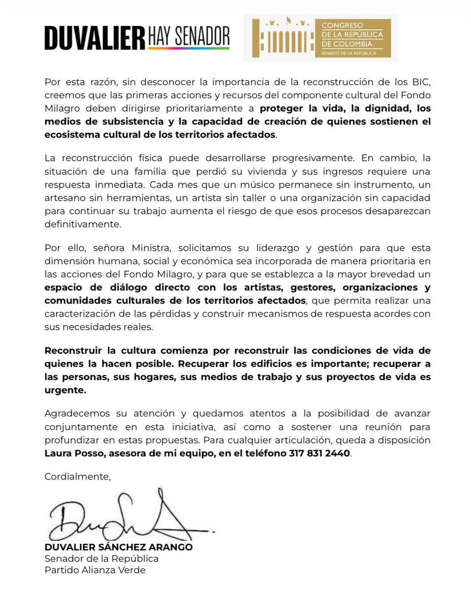 DuvalierSanchez's tweet photo. En medio de esta tragedia, también está siendo afectado el sector cultural que durante años ha ayudado a levantar el Pacífico. Muchos artistas, trabajadores de la cultura y gestores perdieron sus viviendas, herramientas de trabajo e ingresos.

Hemos solicitado a la ministra @PaolaHolguin que el anunciado #FondoMilagro priorice su recuperación y reactivación. La cultura también será fundamental para reconstruir nuestras comunidades.

#SiempreConArgumentos
